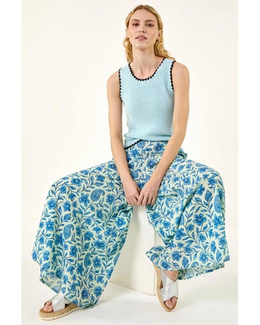Roman Blue Floral Print Textured Palazzo Trouser