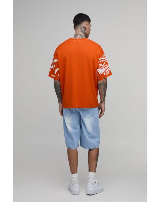 BoohooMAN Orange Tall Oversized Jacquard Abstract Face Knitted T-Shirt for men
