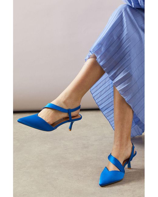 Wallis Blue Wide Fit Evelyn Satin Asymmetric Slingback Kitten Heel Court Shoes