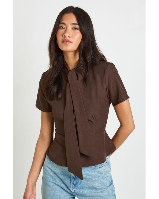 Boohoo Brown Scarf Detail Peplum Tailored Top