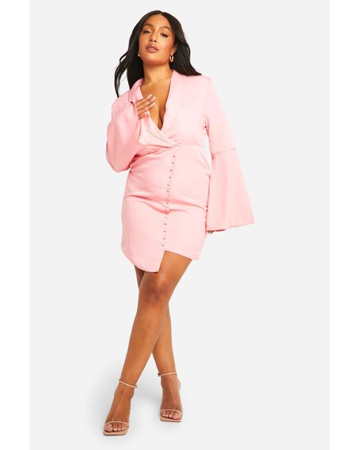 Boohoo Pink Plus Self Fabric Flare Sleeve Blazer Dress