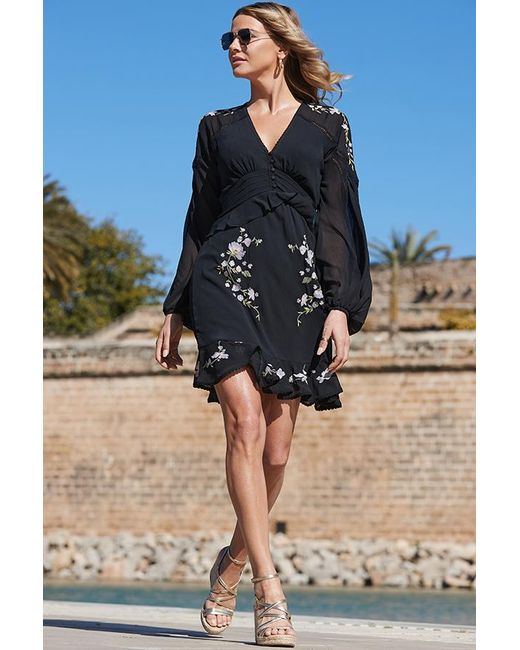 Sosandar Blue Embroidered Floral Detail Ruffle Hem Dress