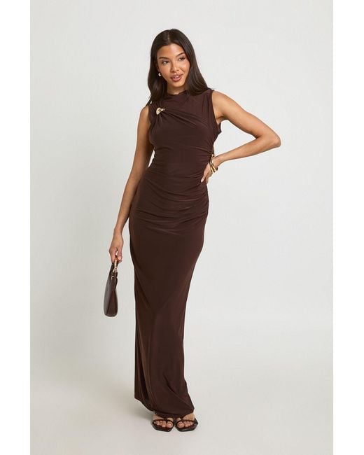 Boohoo Brown Slinky Trim Detail Ruched Maxi Dress