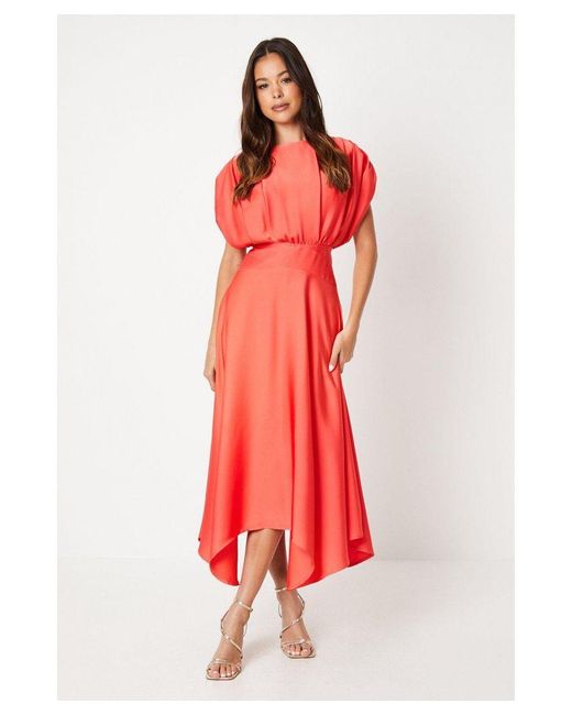 Coast Red Satin Pleat Shoulder Handkerchief Hem Midi Dress