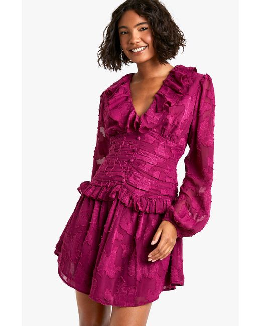 Boohoo Pink Tall Floral Burnout Ruffle Plunge Ruched Skater Dress