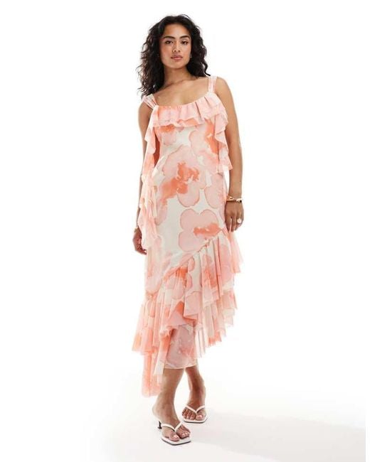 ASOS White Raw Edge Tendril Midi Dress With Double Layer Frill Hem