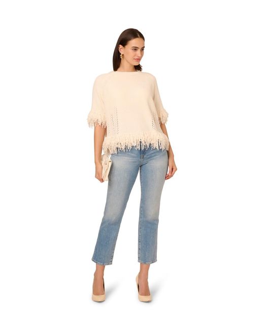 Adrianna Papell Blue Crew Neck Raglan Elbow Sleeve Fringe Edge Sweater