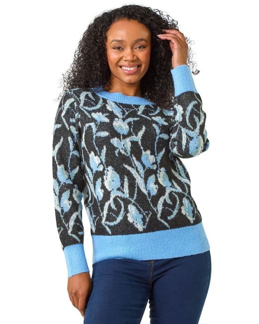 Roman Blue Petite Floral Jacquard Knit Jumper