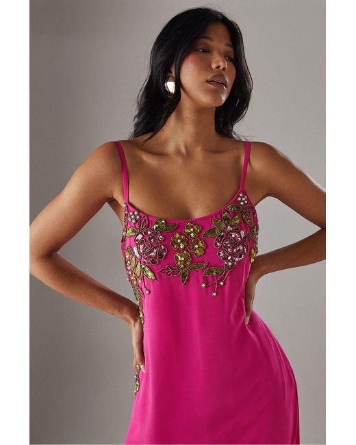Warehouse Pink Hand Embellished Strappy Bias Sequin Midi Dress