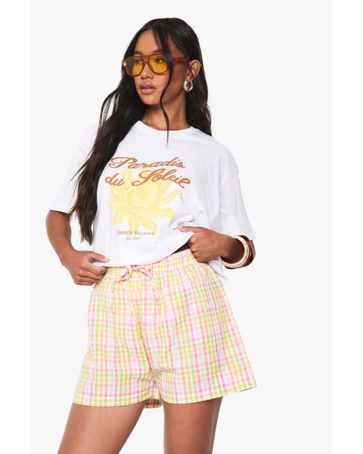 Boohoo Natural Seersucker Bright Flannel Drawstring Waist Shorts