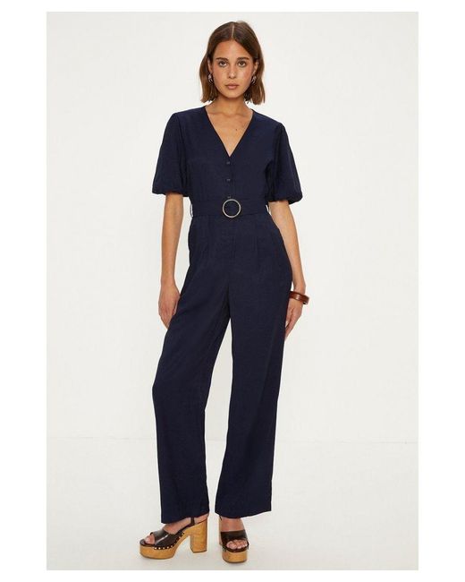 Oasis Blue Linen Look Puff Sleeve Belted Jumpsuit Viscose