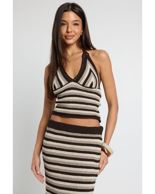 Boohoo Natural Halter Neck Stripe Crochet Top