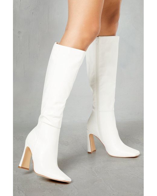 MissPap White Leather Look Knee High Block Heeled Boots