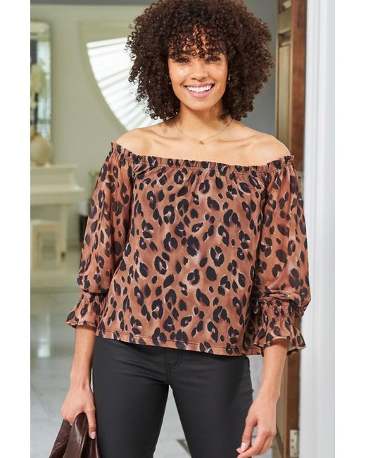 Sosandar Brown Chocolate Animal Print Sheer Sleeve Bardot Jersey Top