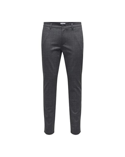 ONLY Gray Plaid Slim Five Pocket Chinos for men