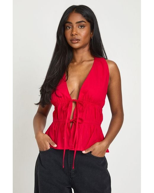 Boohoo Red Tie Front Halter Top