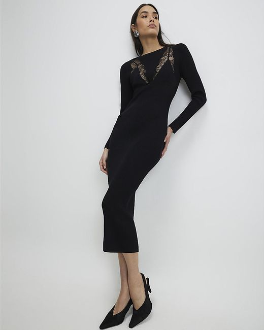 River Island Black Midi Dress Lace Insert Rib Viscose