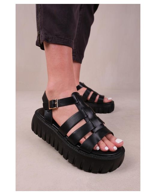 Where's That From Black 'Elixir' Strappy Flatform Sandals Faux Leather