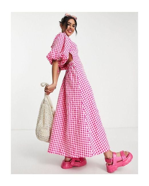 ASOS Pink Design Open Back Puff Sleeve Maxi Dress