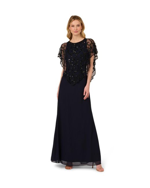 Adrianna Papell Blue Bead Chiffon Long Dress