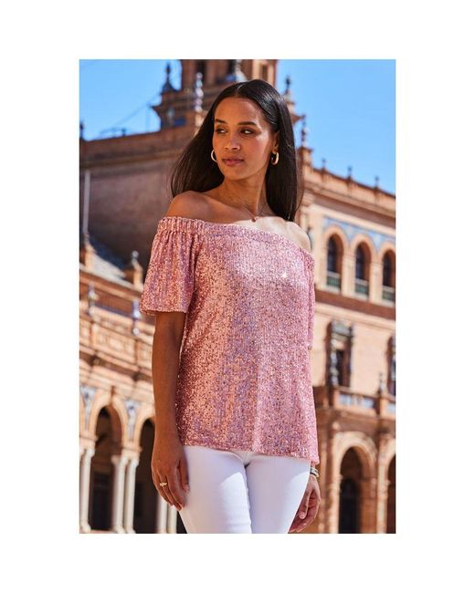 Sosandar Pink Sequin Bardot Short Sleeve Top