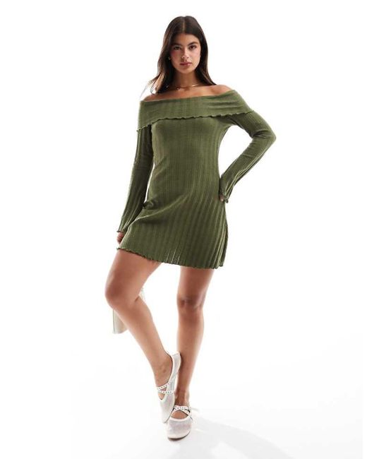 Pieces Green Off The Shoulder Ribbed Mini Dress With Lettuce Edge Detail