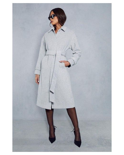 MissPap Blue Wool Look Belted Midi Trench Coat