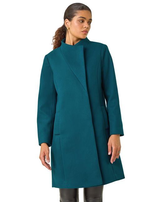 Roman Blue Tailored Funnel Neck Pocket Detail Coat