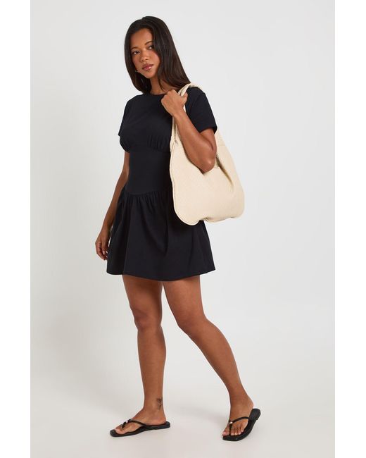 Boohoo Black Cotton Cinched Waist Cap Sleeve Skater Dress