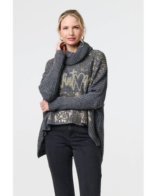 Izabel London Gray Graphic Print Metallic Roll Neck Jumper