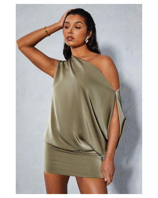 MissPap Green Satin Off Shoulder Asymmetric Bodycon Mini Dress
