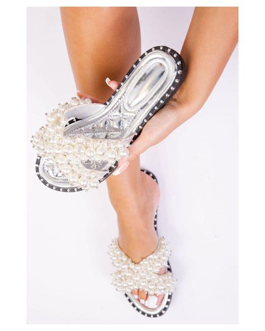 Where's That From White Eve Pearl Embelllished Flat Slider Sandals