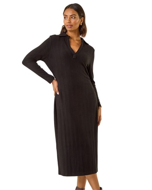 Roman Black Collar Ribbed Knit Miid Dress