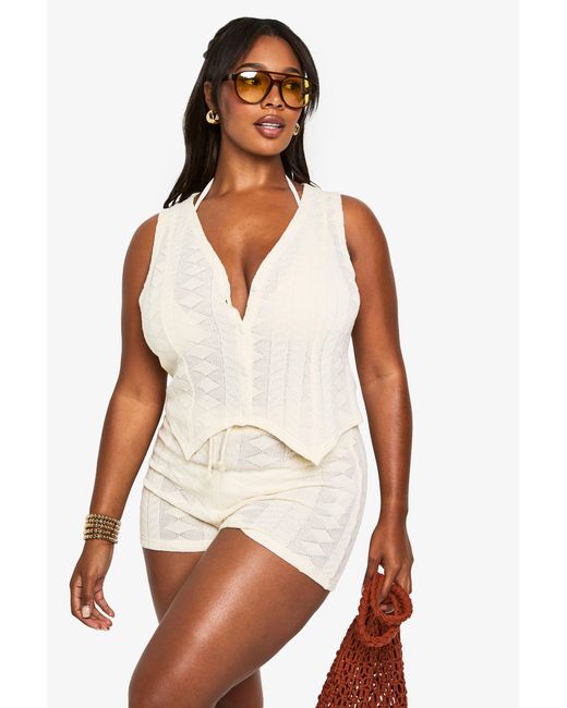 Boohoo White Plus Beach Mix And Match Textured Patterned Knitted Waistcoat