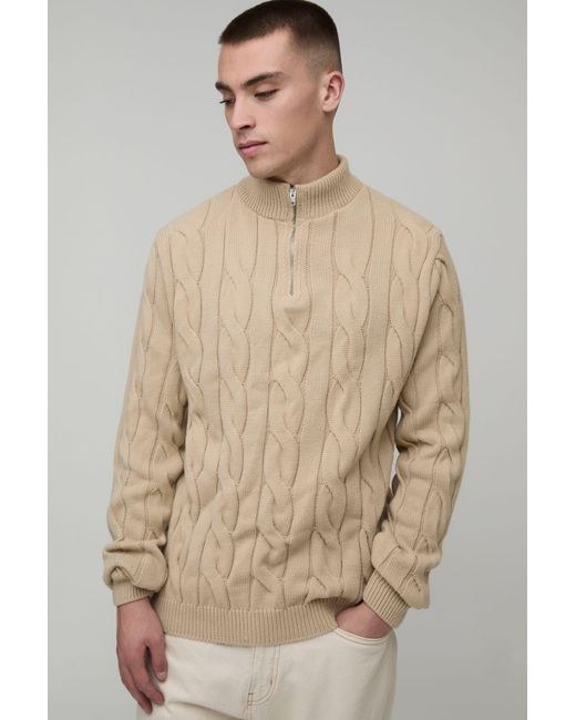 BoohooMAN Natural Regular Fit Cable Knitted 1/4 Zip Jumper for men