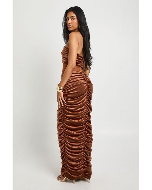 Boohoo Brown Velvet Mesh Plunge Ruched Maxi Dress