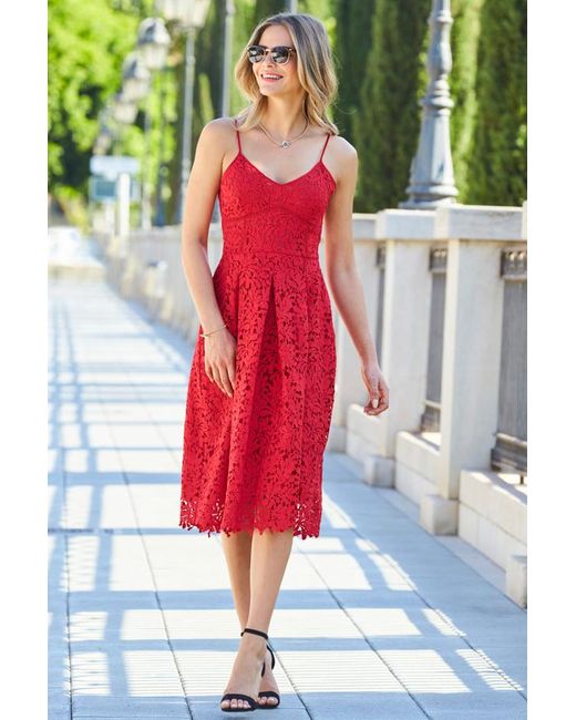 Sosandar Red Lace Premium Strappy Fit & Flare Dress