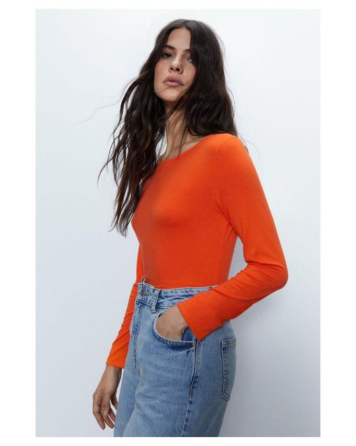Warehouse Orange Slash Neck Long Sleeve Top
