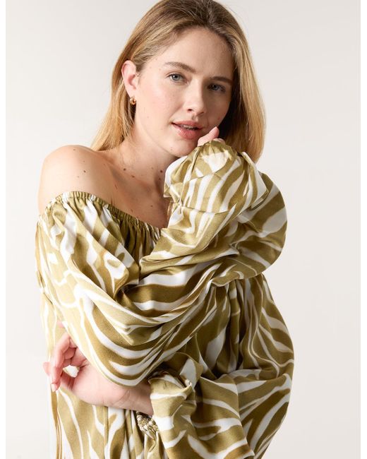 Blue Vanilla White Zebra Satin Ruched Bardot Top