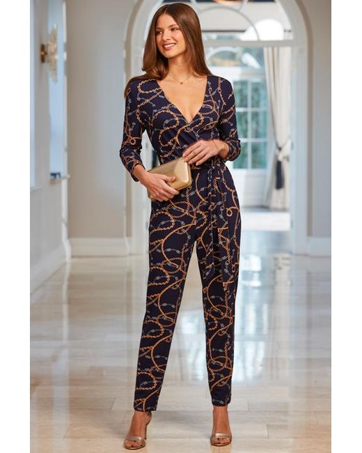 Sosandar Blue Chain Print Wrap Front Tapered Leg Jumpsuit Jersey