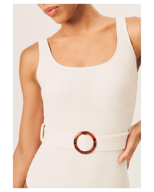 Gini London White Textured Round Neck Belted Swimsuit
