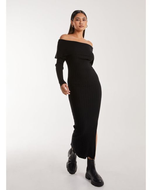 Pink Vanilla White Bardot Ribbed Knit Maxi Dress