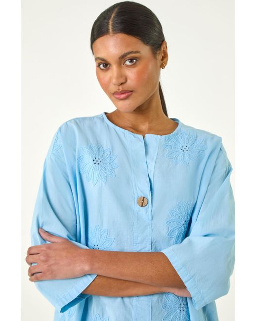 Roman Blue Cotton Floral Embroidered Tunic Top