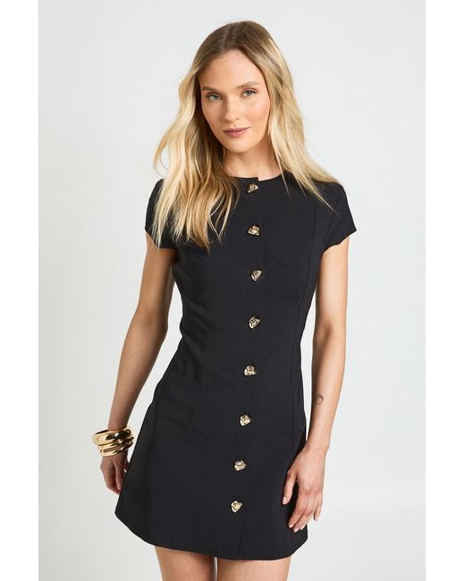 Boohoo Black Petite Bengaline Button Trim Cap Sleeve Shift Dress