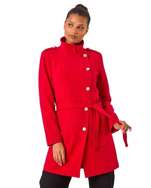 Roman Red Funnel Neck Buttoned Coat