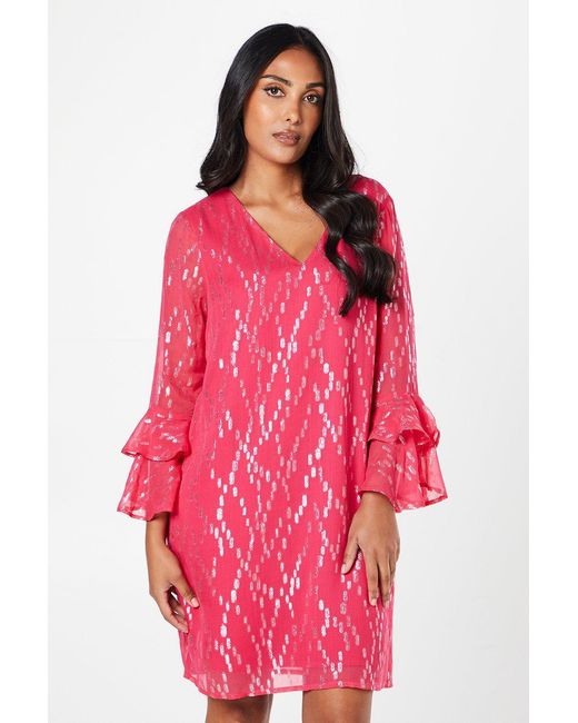 Wallis Pink Petite Metallic Ruffle Sleeve Shift Dress