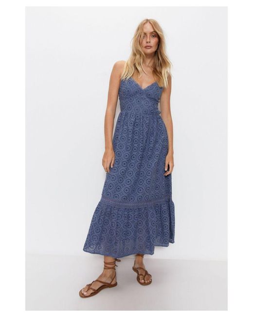 Warehouse Blue Strappy Broderie Maxi Dress