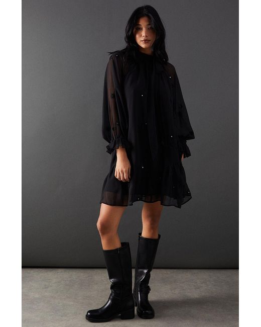 Warehouse Black Premium Chiffon Tie Neck Moon Embellished Mini Smock Dress