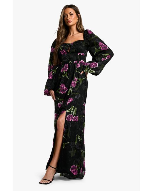 Boohoo Black Floral Burnout Milkmaid Maxi Dress