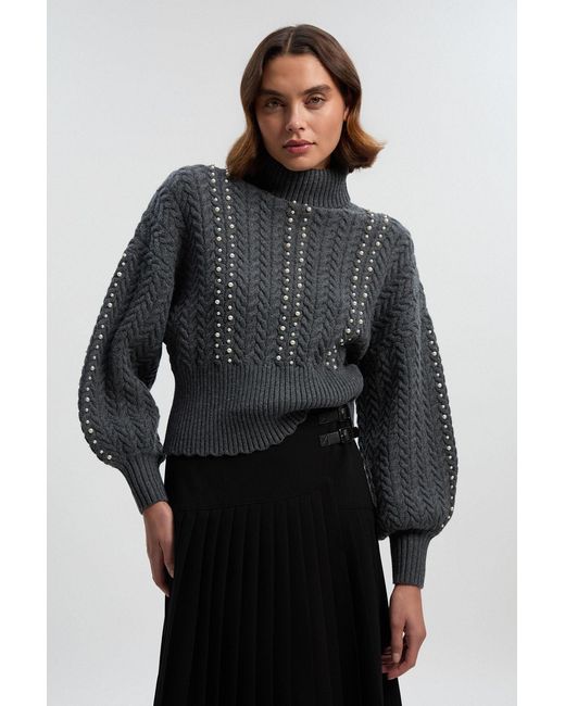 Karen Millen Gray Pearl Embellished Cable Knit Jumper
